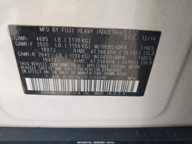 4S4BSALC9F3268546 Subaru Outback 2.5i Limited