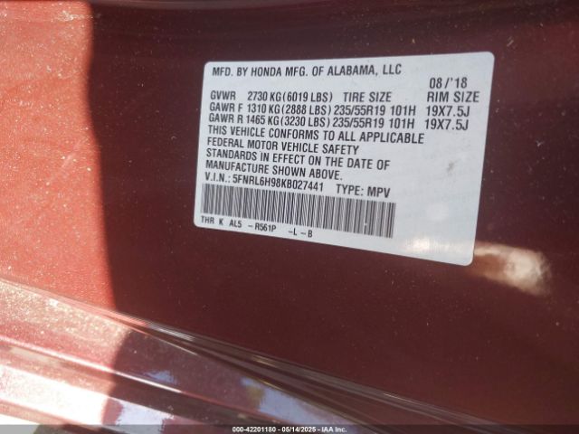 2019 HONDA ODYSSEY 5FNRL6H98KB027441 Photo 8