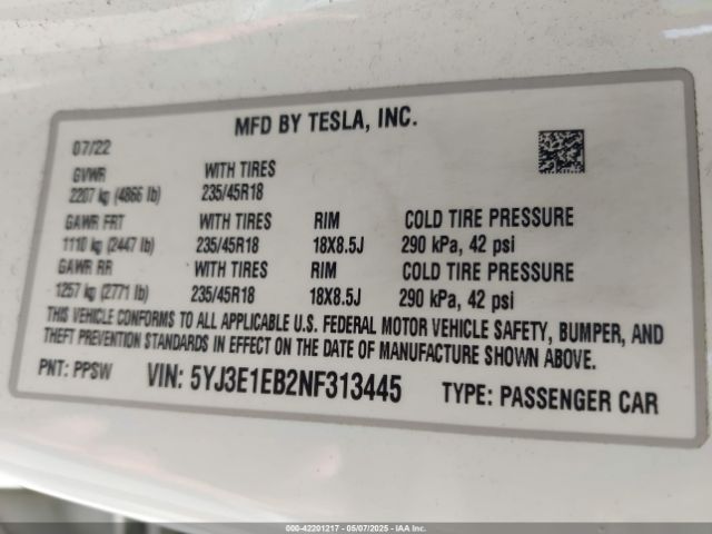 5YJ3E1EB2NF313445 Tesla MODEL 3