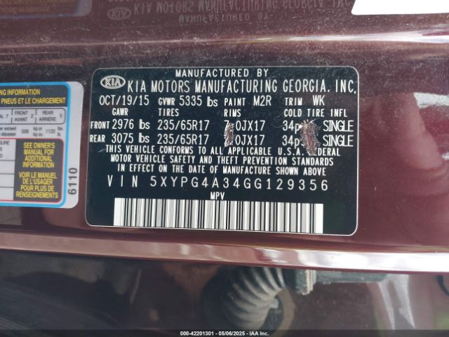 5XYPG4A34GG129356 KIA Sorento 2.4l Lx