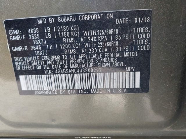 4S4BSANC4J3300292 Subaru Outback 2.5i Limited