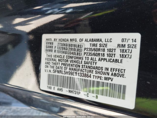 5FNRL5H99EB133864 Honda Odyssey Touring/touring Elite
