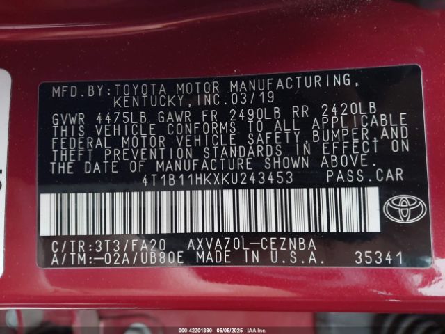 4T1B11HKXKU243453 Toyota CAMRY LE