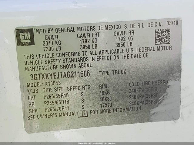 Aukcja sprzedaży 2010 Gmc Sierra 1500 Hybrid 3ha, vin: 3GTXKYEJ7AG211606, numer aukcji: 42201432