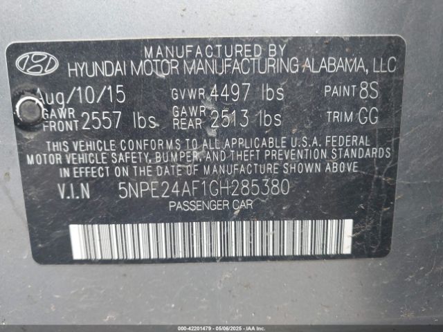 5NPE24AF1GH285380 Hyundai SONATA SE