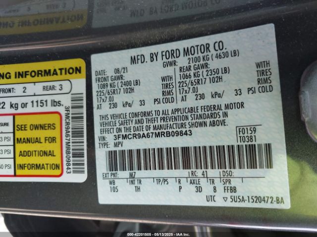 3FMCR9A67MRB09843 Ford Bronco Sport