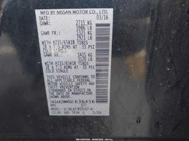 5N1AR2MM0GC636456 Nissan Pathfinder Platinum/s/sl/sv
