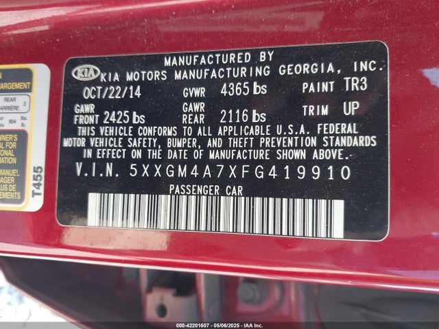 5XXGM4A7XFG419910 KIA Optima Lx