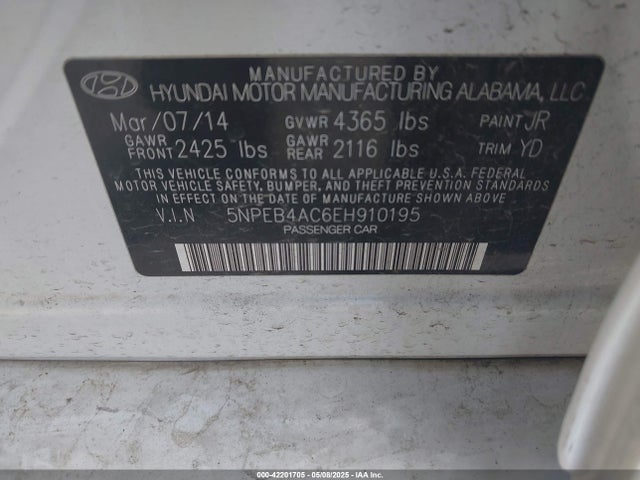 5NPEB4AC6EH910195 Hyundai SONATA GLS