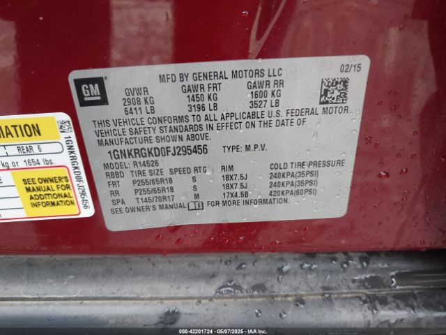 1GNKRGKD0FJ295456 Chevrolet Traverse 1lt