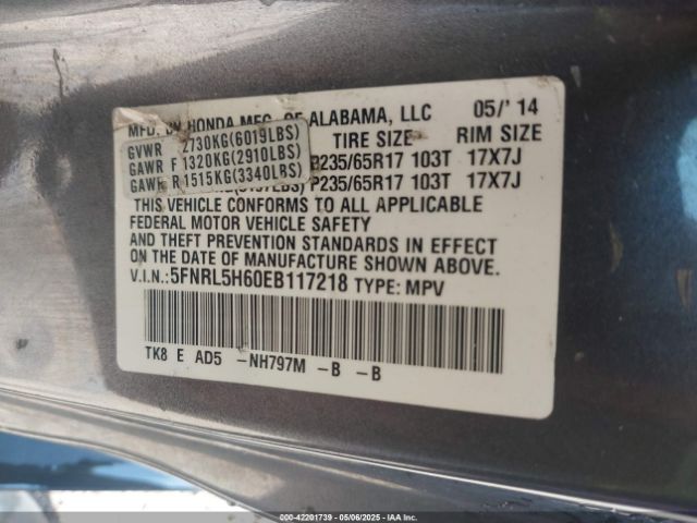 5FNRL5H60EB117218 Honda Odyssey Ex-l
