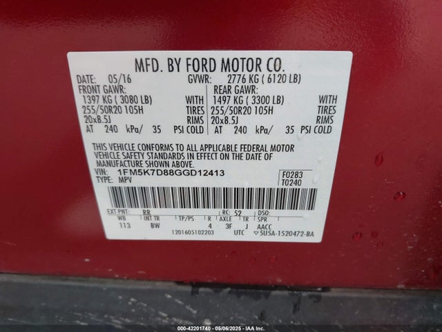 1FM5K7D88GGD12413 Ford EXPLORER XLT