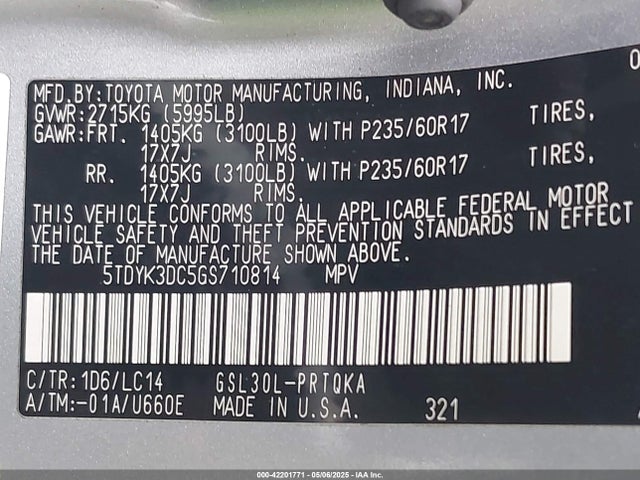5TDYK3DC5GS710814 Toyota Sienna Xle 8 Passenger
