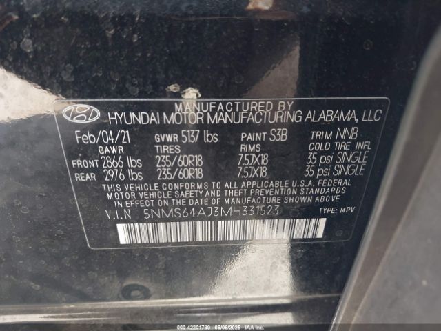 5NMS64AJ3MH331523 Hyundai Santa Fe Sel