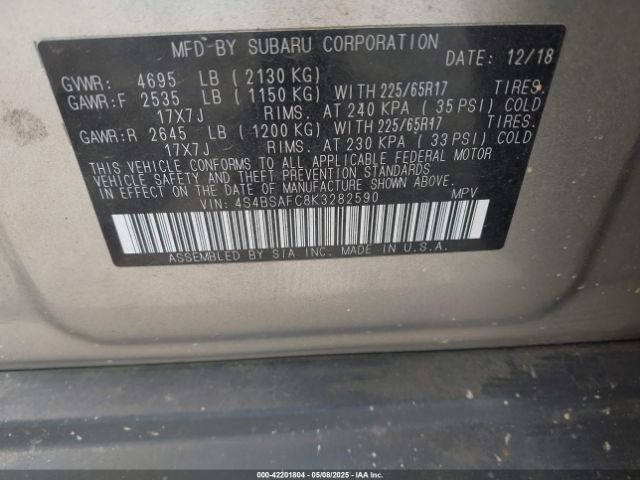 4S4BSAFC8K3282590 Subaru Outback 2.5i Premium