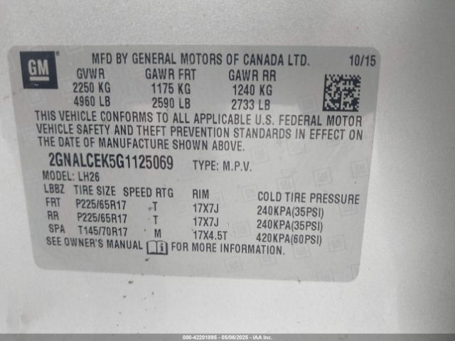 2GNALCEK5G1125069 Chevrolet EQUINOX LT