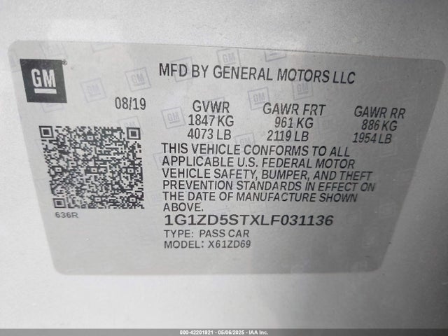 1G1ZD5STXLF031136 Chevrolet Malibu Fwd Lt