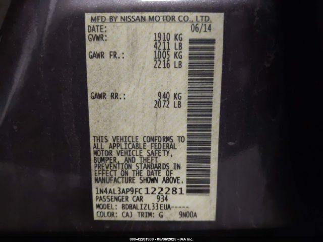 1N4AL3AP9FC122281 Nissan Altima 2.5 Sv