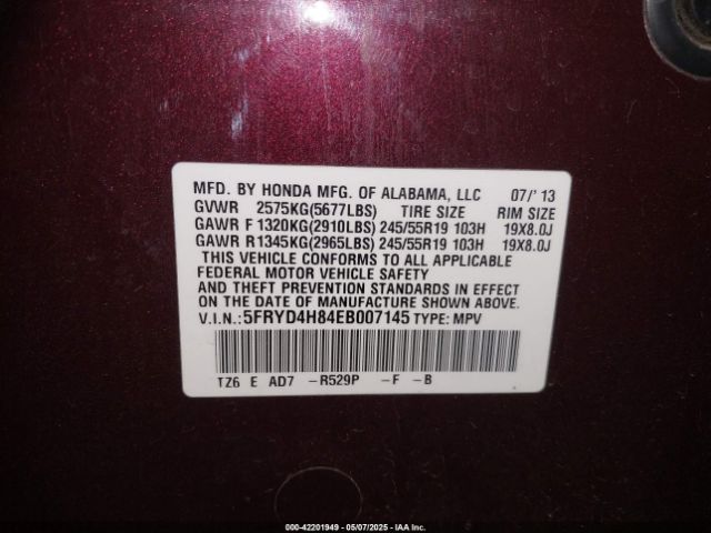5FRYD4H84EB007145 Acura Mdx Advance Pkg W/entertainment Pkg