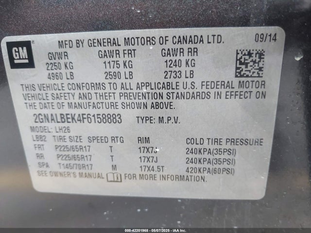 Chevrolet EQUINOX 1LT 2015 2GNALBEK4F6158883 Image 9