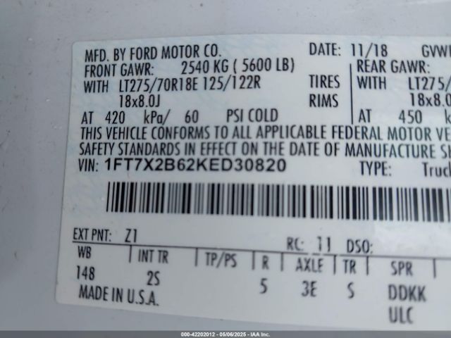 1FT7X2B62KED30820 Ford F-250 Xlt