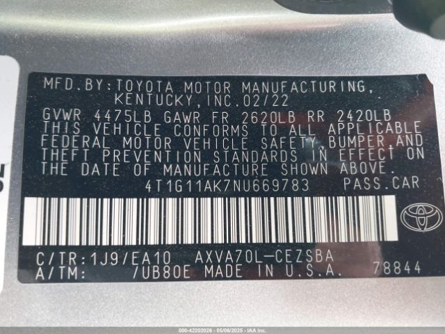 4T1G11AK7NU669783 Toyota CAMRY SE
