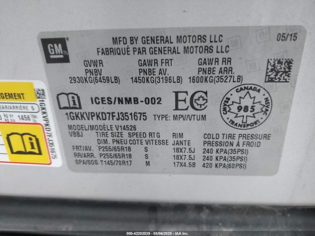 1GKKVPKD7FJ351675 GMC Acadia Sle-2