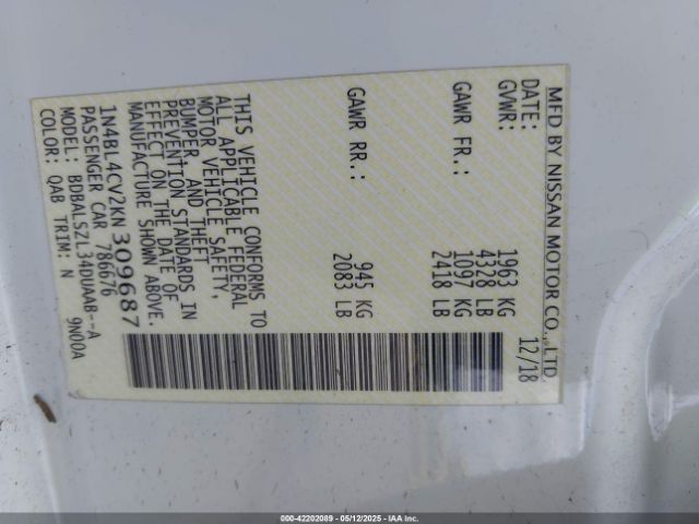 1N4BL4CV2KN309687 Nissan Altima 2.5 Sr