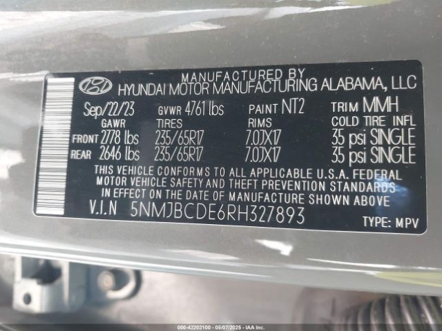 5NMJBCDE6RH327893 Hyundai TUCSON SEL