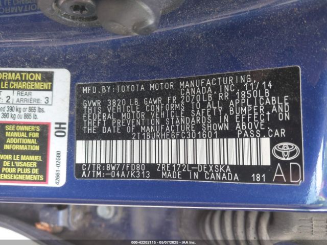2T1BURHE6FC301601 Toyota Corolla S Plus