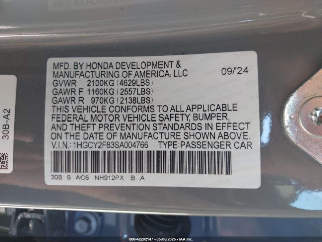 1HGCY2F83SA004766 Honda Accord Hybrid Touring
