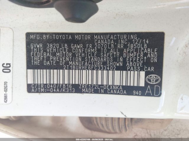 2T1BURHE6FC333402 Toyota COROLLA LE