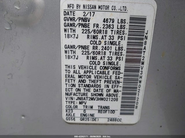 JN8AT2MV3HW021208 Nissan Rogue Sl