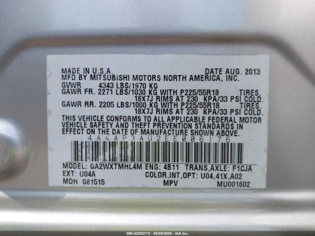 4A4AP3AU2EE006176 Mitsubishi Outlander Sport Es
