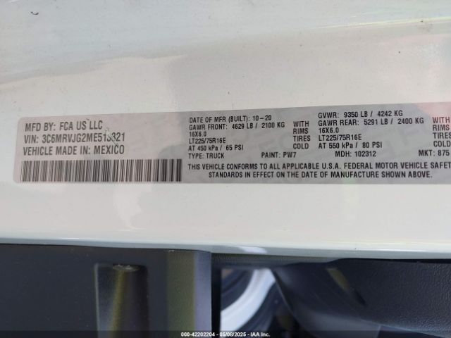 3C6MRVJG2ME513321 RAM Promaster 3500 Cargo Van High Roof 159 Wb Ext