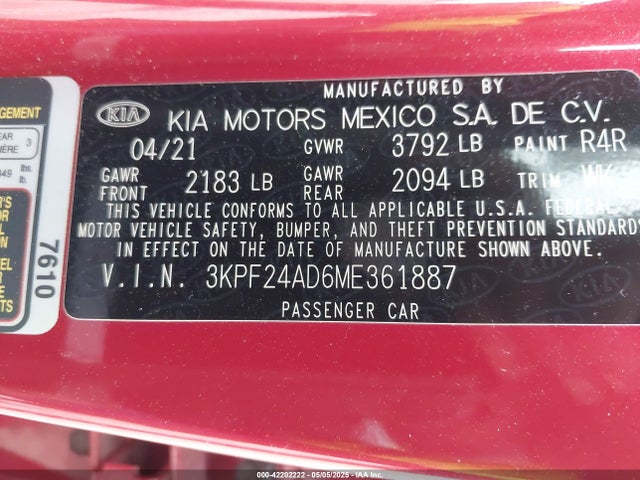 3KPF24AD6ME361887 KIA Forte Lxs