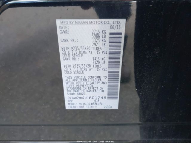 5N1AR2MM7EC601748 Nissan Pathfinder Platinum