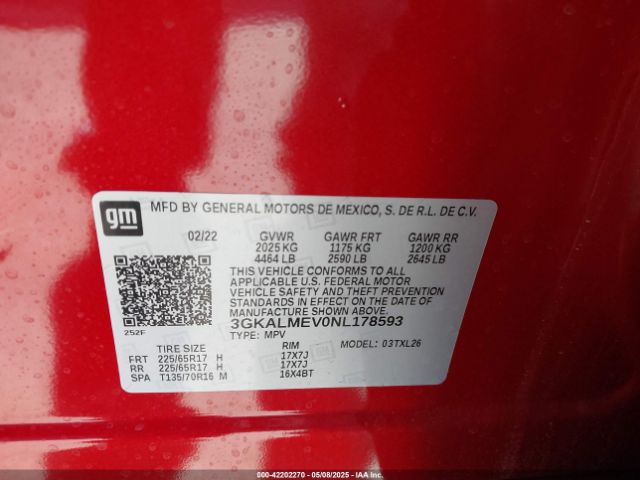 3GKALMEV0NL178593 GMC Terrain Fwd Sle