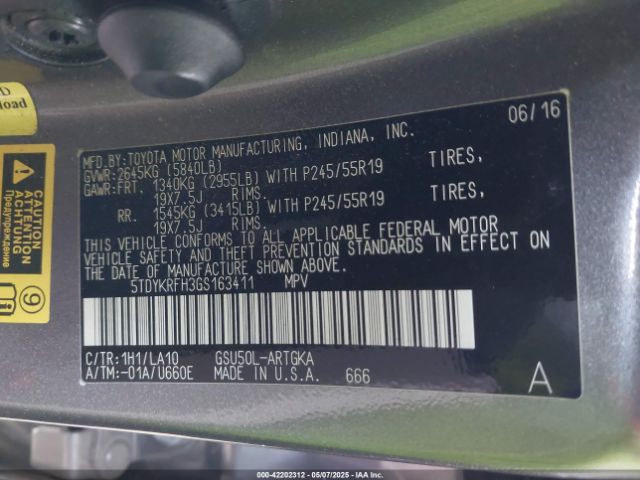 5TDYKRFH3GS163411 Toyota Highlander Limited V6