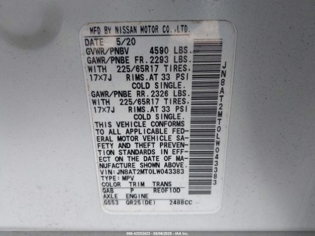 JN8AT2MT0LW043383 Nissan Rogue Sv Fwd