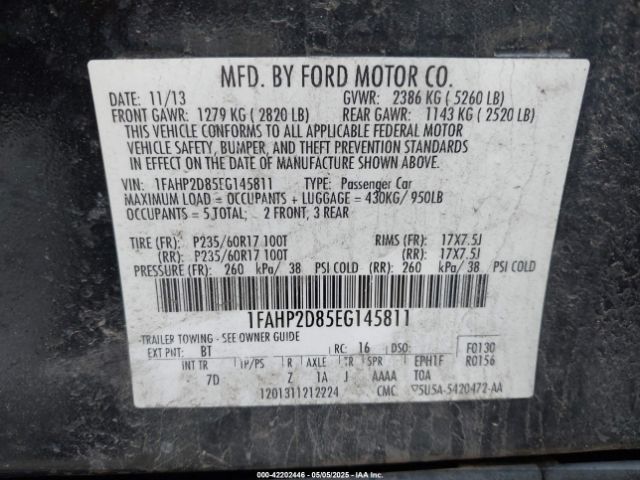 1FAHP2D85EG145811 Ford TAURUS SE