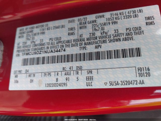 1FMCU9DZ1NUA34474 Ford Escape Titanium Hybrid