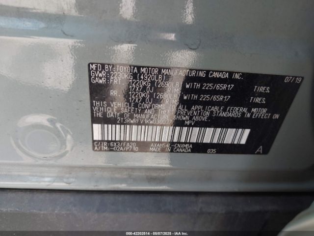 2T3RWRFV1KW030037 Toyota Rav4 Hybrid Xle