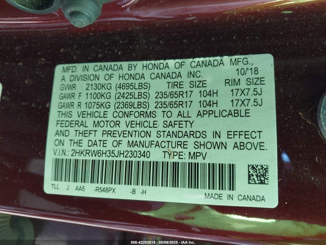2HKRW6H35JH230340 Honda CR-V LX