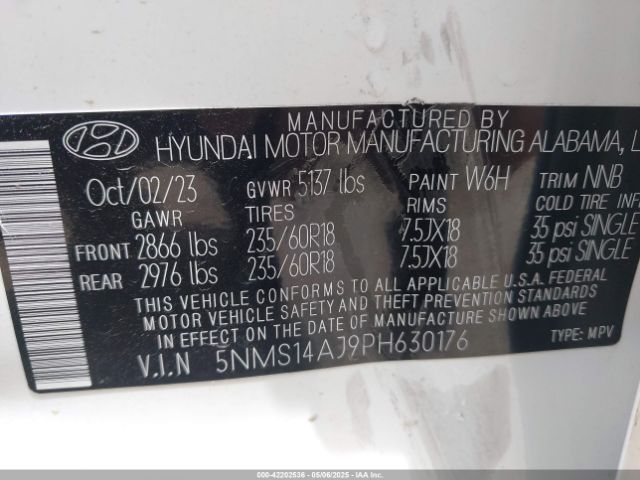 5NMS14AJ9PH630176 Hyundai Santa Fe Se