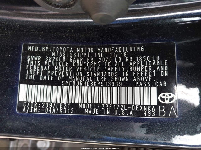 5YFBURHE8KP913339 Toyota COROLLA LE