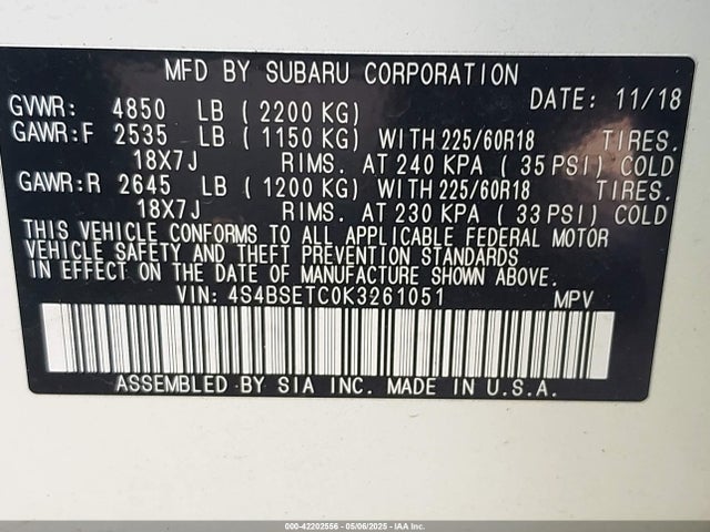 4S4BSETC0K3261051 Subaru Outback 3.6r Touring