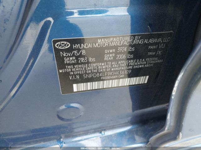 5NPD84LF9KH436109 Hyundai ELANTRA SEL