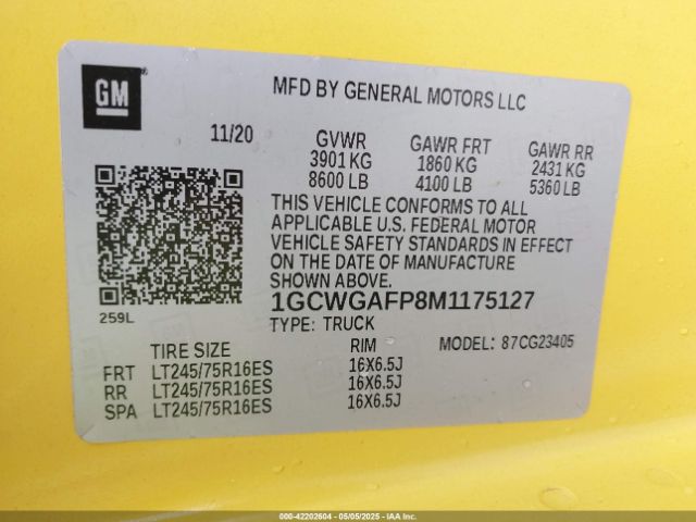 1GCWGAFP8M1175127 Chevrolet Express Cargo Rwd 2500 Regular Wheelbase Wt