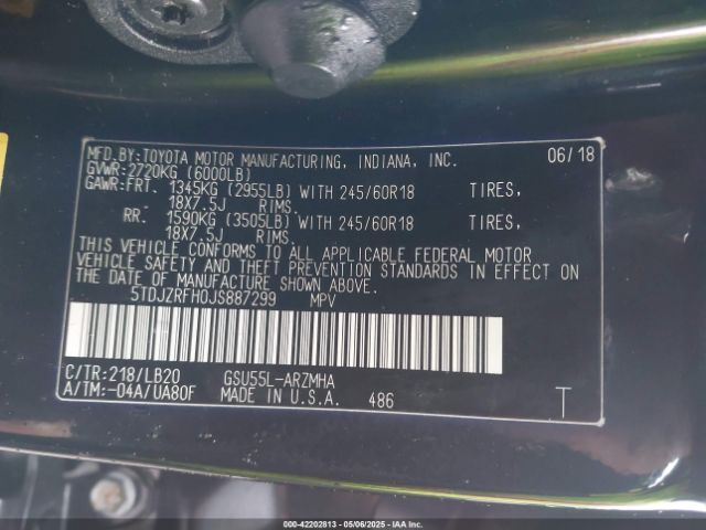 5TDJZRFH0JS887299 Toyota Highlander Xle